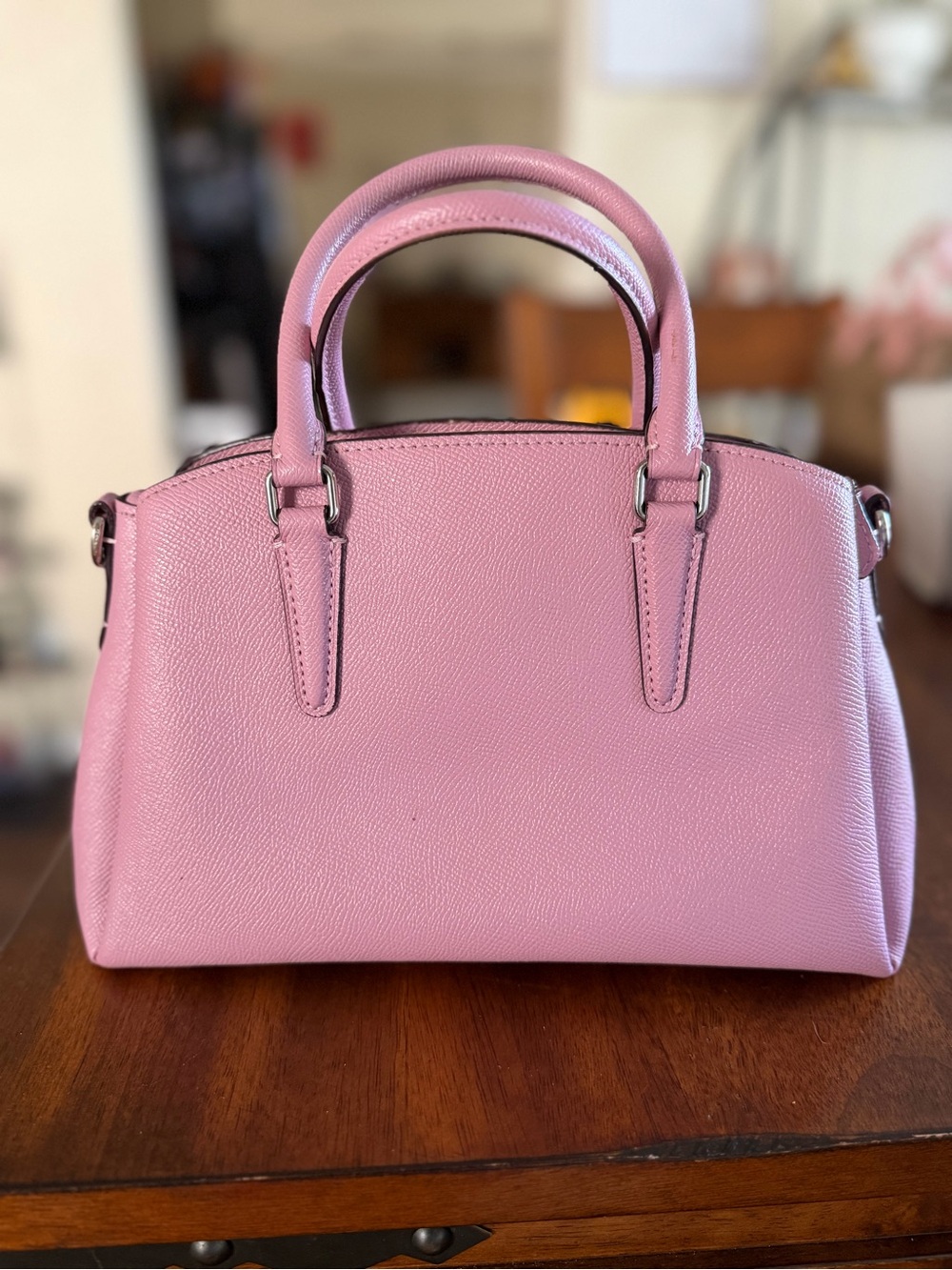 COACH Pink Pebbled Leather Floral-Stud Satchel - Picture 2 of 4